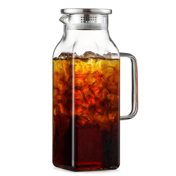 Carafă pătrată din sticlă borosilicat, cu capac și mâner, 2 litri, pentru băuturi calde și reci, ceai cu gheață și cafea