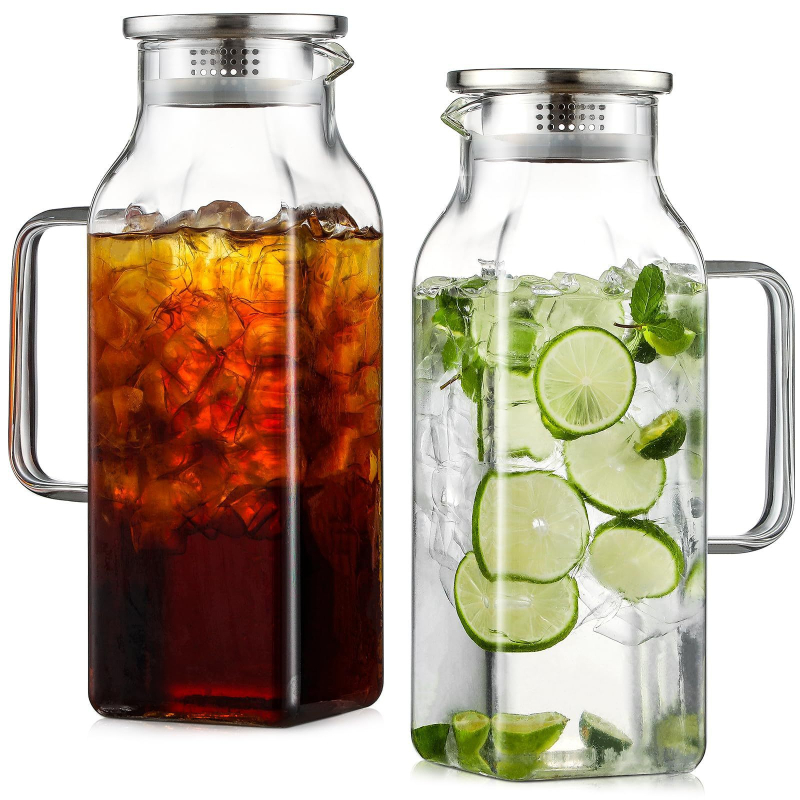 Carafă pătrată din sticlă borosilicat, cu capac și mâner, 2 litri, pentru băuturi calde și reci, ceai cu gheață și cafea