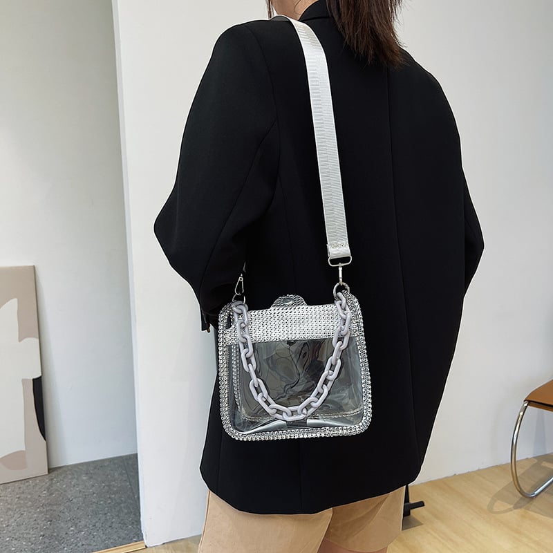 Prozirna ženska crossbody torba s lancem, PVC sjajna mala kvadratna torba