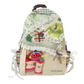 Ruksak od platna velikog kapaciteta, karirani uzorak, za učenike, unisex, boja Zelena jabuka, kontrastni patchwork dizajn