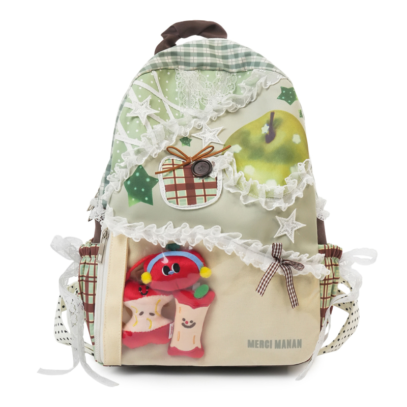 Ruksak od platna velikog kapaciteta, karirani uzorak, za učenike, unisex, boja Zelena jabuka, kontrastni patchwork dizajn