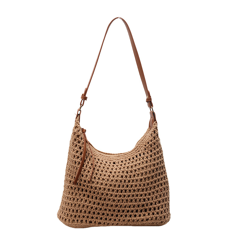 Ženska slamena tote torba za plažu, ljeto 2025 — s naramenicom za rame i crossbody, izrezani uzorak