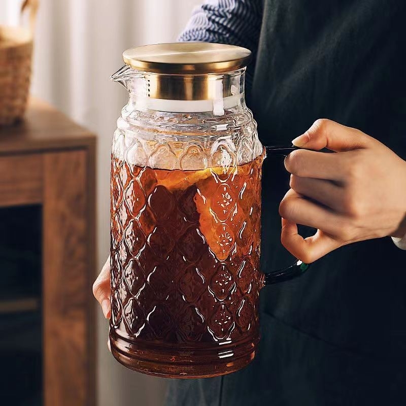 Carafă din sticlă, stil european retro, pentru apă rece și suc, cu motiv begonie, capacitate mare, rezistentă la spargere