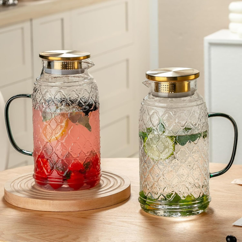 Carafă din sticlă, stil european retro, pentru apă rece și suc, cu motiv begonie, capacitate mare, rezistentă la spargere