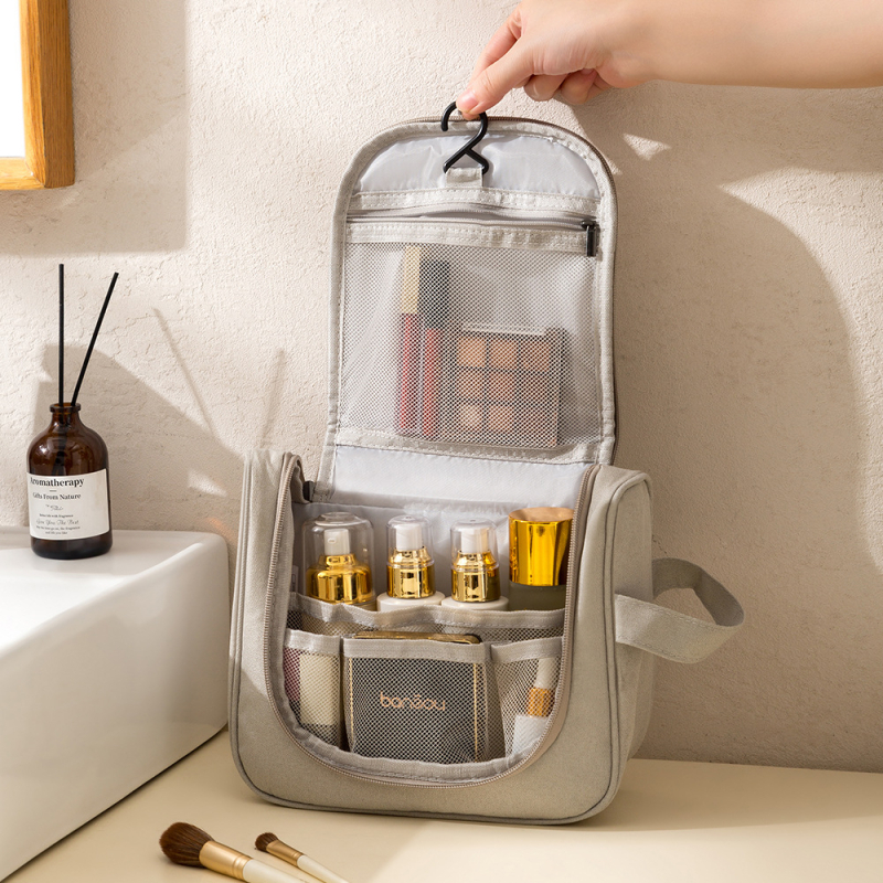 Geantă cosmetică portabilă cu cârlig pentru călătorii, trei compartimente