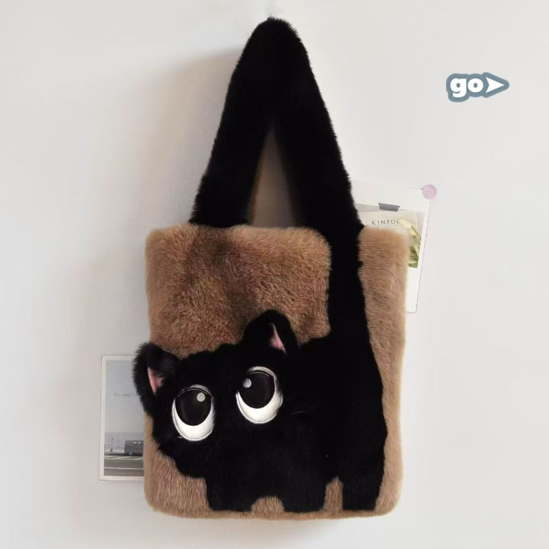Plišana tote torba s izvezenim dizajnom mačje karikature, ženska torba za ramena i crossbody, velik kapacitet