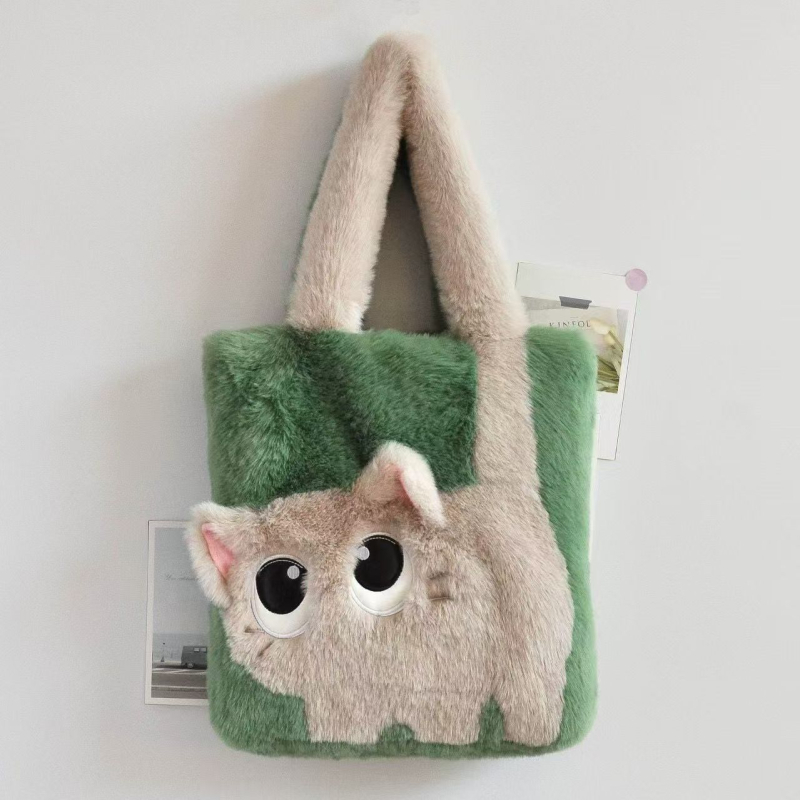 Plišana tote torba s izvezenim dizajnom mačje karikature, ženska torba za ramena i crossbody, velik kapacitet