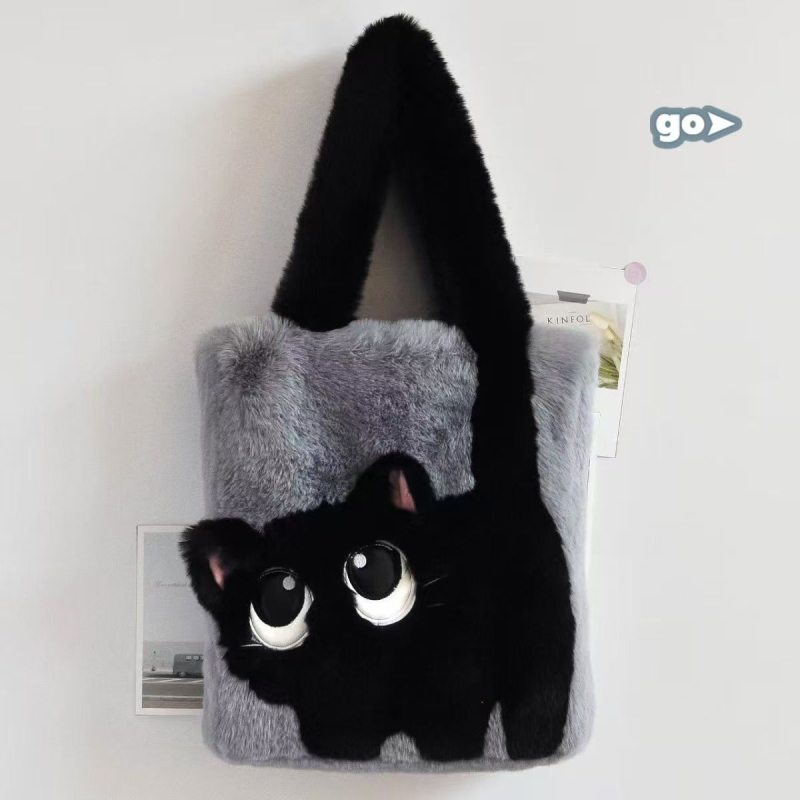 Plišana tote torba s izvezenim dizajnom mačje karikature, ženska torba za ramena i crossbody, velik kapacitet