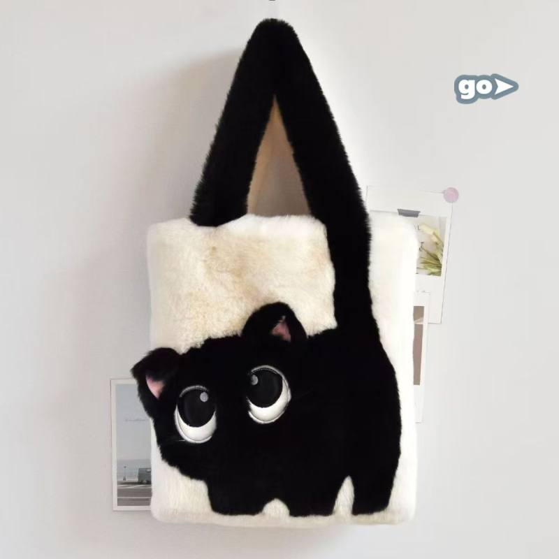 Plišana tote torba s izvezenim dizajnom mačje karikature, ženska torba za ramena i crossbody, velik kapacitet