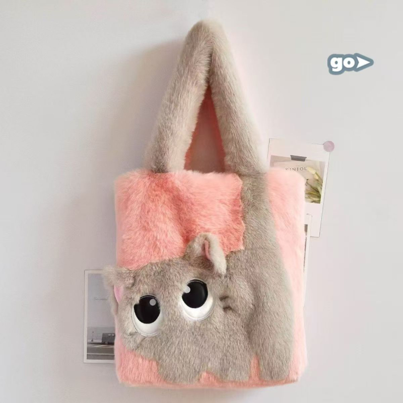 Plišana tote torba s izvezenim dizajnom mačje karikature, ženska torba za ramena i crossbody, velik kapacitet