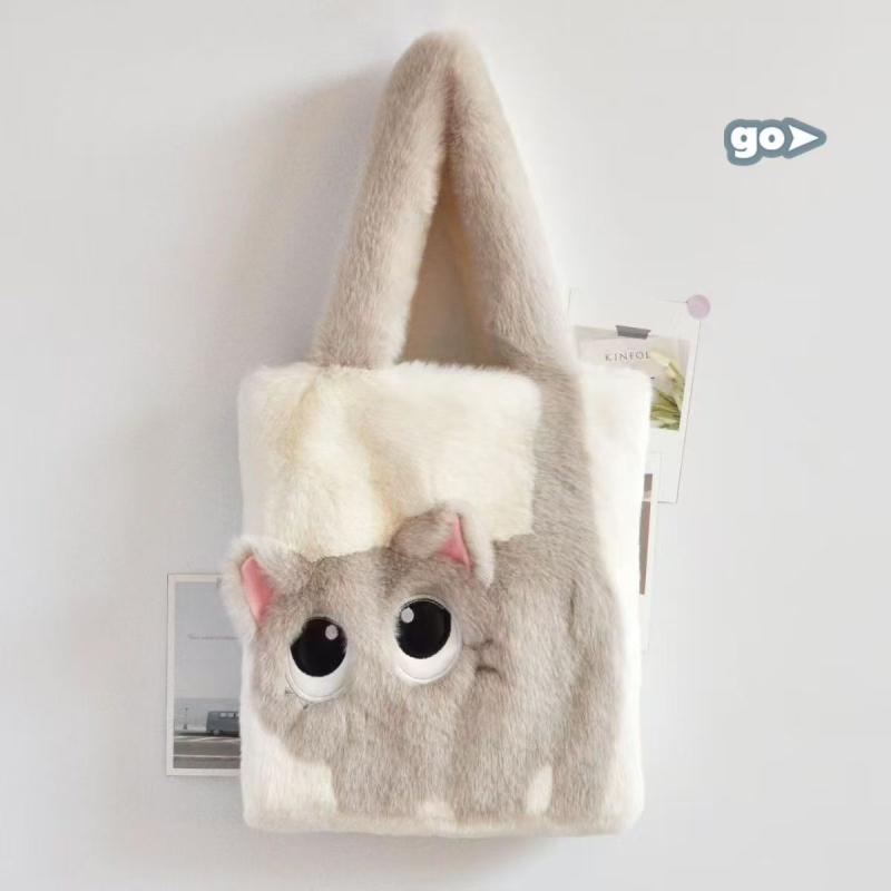 Plišana tote torba s izvezenim dizajnom mačje karikature, ženska torba za ramena i crossbody, velik kapacitet