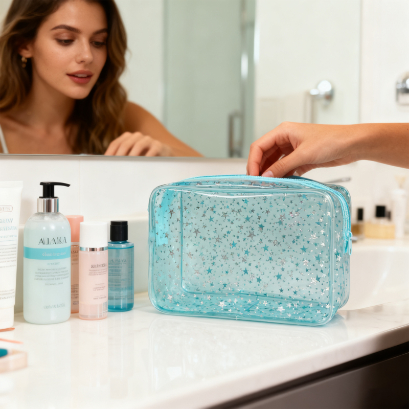 Geantă de cosmetice impermeabilă, cu model irizant stele, pentru femei, portabilă, cu capacitate mare, organizator de călătorie pentru machiaj, PVC