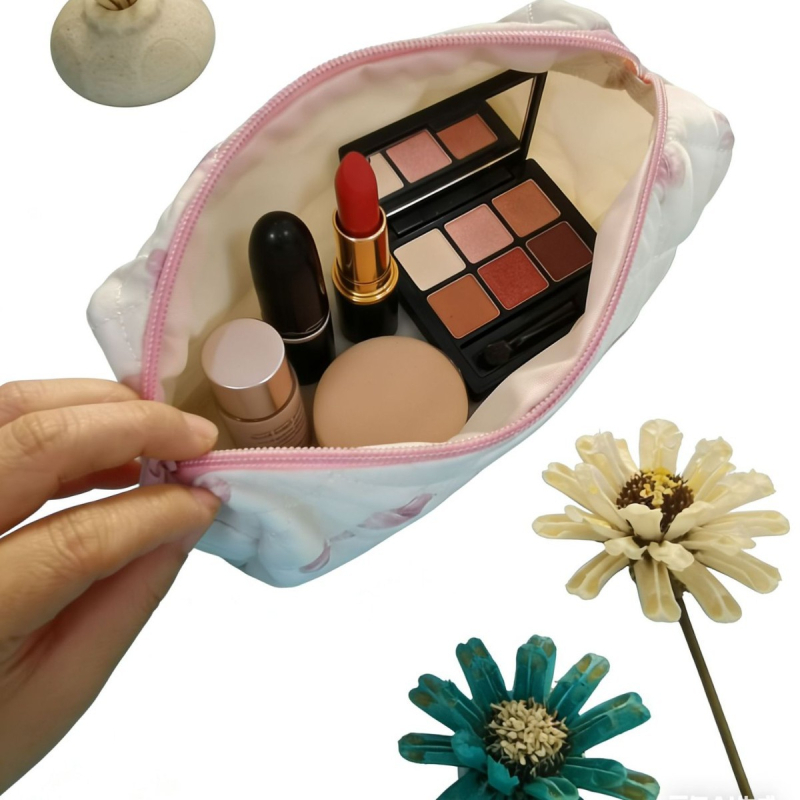 Geantă de cosmetică quilted pentru călătorii, organizator portabil cu mare capacitate pentru ruj și alte produse cosmetice