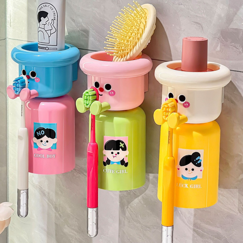 Suport de periuțe montat pe perete cu pahar pentru clătire și spațiu pentru pastă de dinți – montaj fără găuri