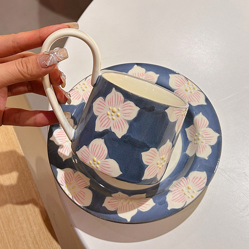 Set de cafea din ceramică cu farfurie, de înaltă calitate, model floral, stil modern minimalist