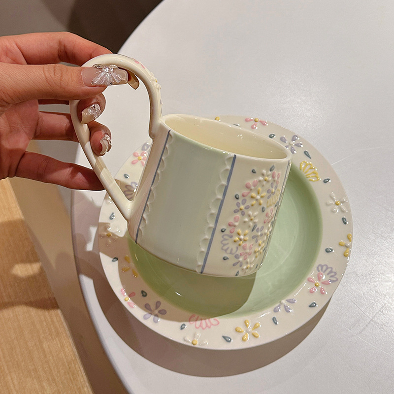 Set de cafea din ceramică cu farfurie, de înaltă calitate, model floral, stil modern minimalist