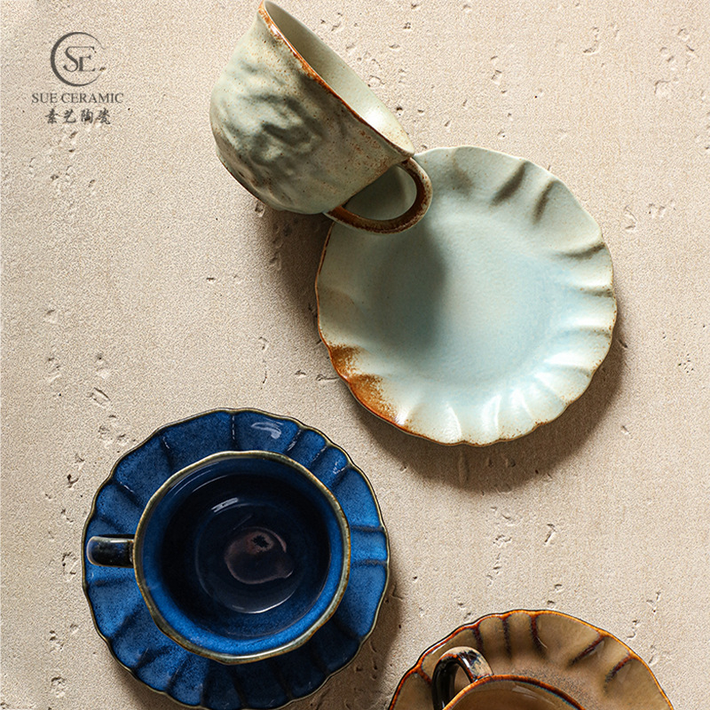 Set de cești de cafea din ceramică, coapte în cuptor, cu textură retro realizată manual – cești de cafea pentru cuplu
