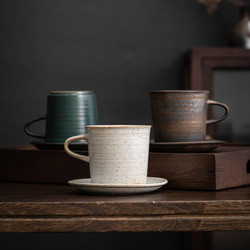 Set ceramic pentru cafea cu ceașcă și farfuriu – stil japonez, ceramică rustică, vintage minimalistă, lucrat manual