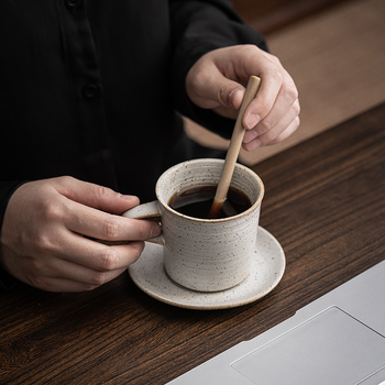 Set ceramic pentru cafea cu ceașcă și farfuriu – stil japonez, ceramică rustică, vintage minimalistă, lucrat manual