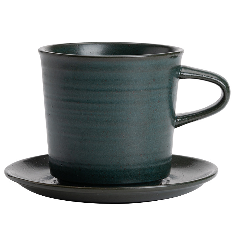 Set ceramic pentru cafea cu ceașcă și farfuriu – stil japonez, ceramică rustică, vintage minimalistă, lucrat manual