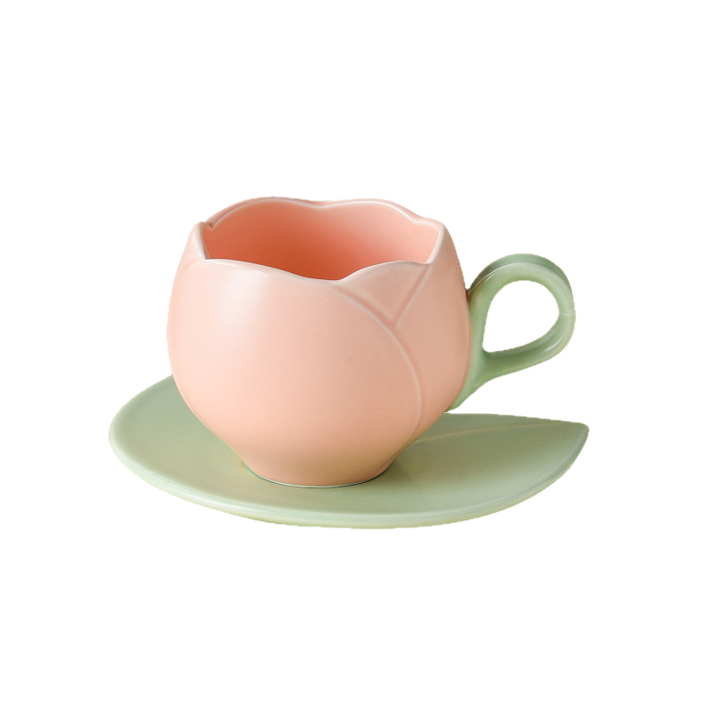 Set ceramic cești de cafea cu farfurioară, în stil japonez, cu motiv de lalea