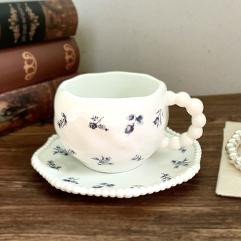Set de cești de cafea în stil franțuzesc, cu flori albastre vintage, din ceramică, cu farfurioare