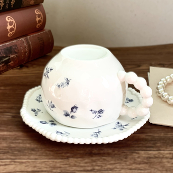Set de cești de cafea în stil franțuzesc, cu flori albastre vintage, din ceramică, cu farfurioare