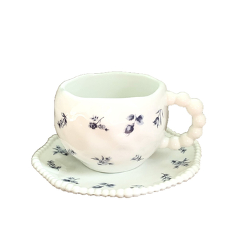 Set de cești de cafea în stil franțuzesc, cu flori albastre vintage, din ceramică, cu farfurioare