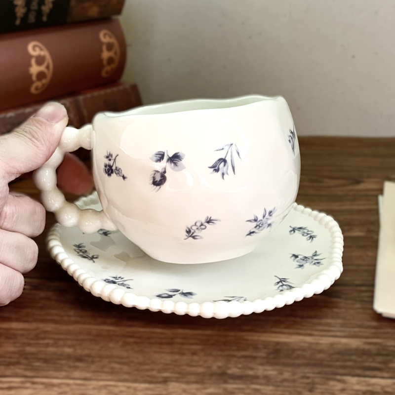 Set de cești de cafea în stil franțuzesc, cu flori albastre vintage, din ceramică, cu farfurioare