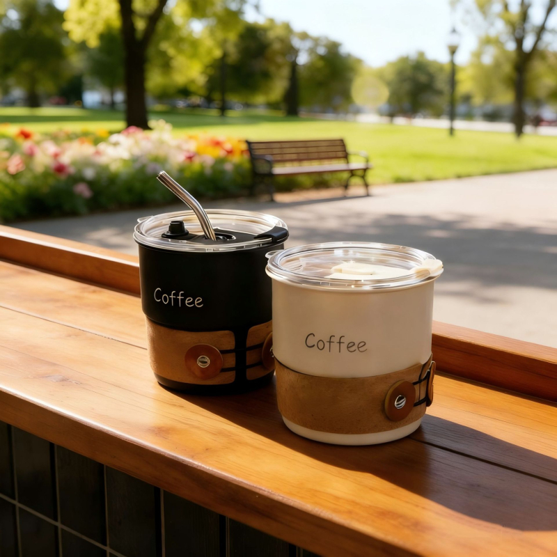 Ceașcă de cafea din oțel inoxidabil 304, cu capac și pai, design elegant, ușor lux, potrivită pentru călătorii, set etanș, calitate superioară