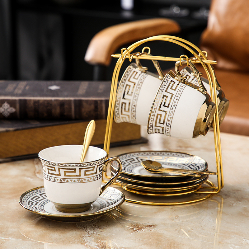 Set de cești pentru cafea și farfurioară, ceramică, 220 ml, stil european, uz casnic elegant, inspirație Instagram