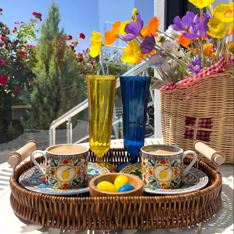 Set ceramic de cafea cu ceașcă și farfurie, motiv floral de lămâie, design elegant, calitate superioară