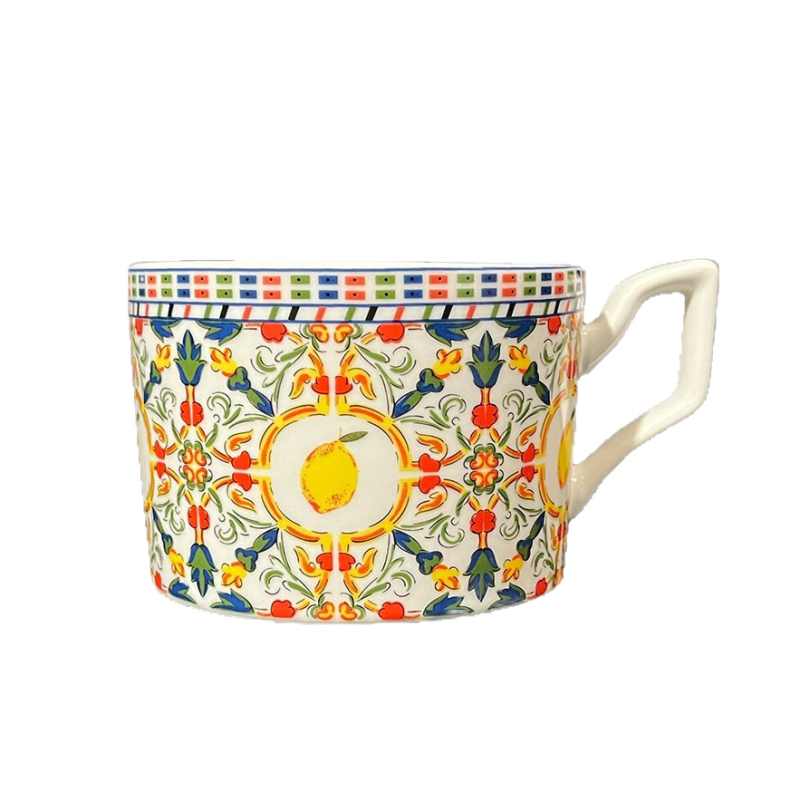 Set ceramic de cafea cu ceașcă și farfurie, motiv floral de lămâie, design elegant, calitate superioară