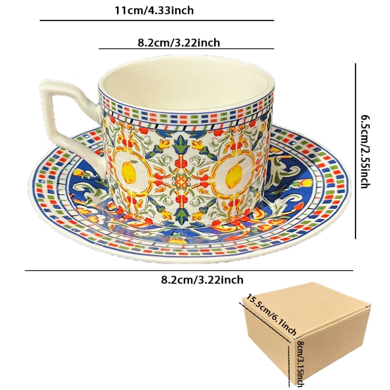 Set ceramic de cafea cu ceașcă și farfurie, motiv floral de lămâie, design elegant, calitate superioară