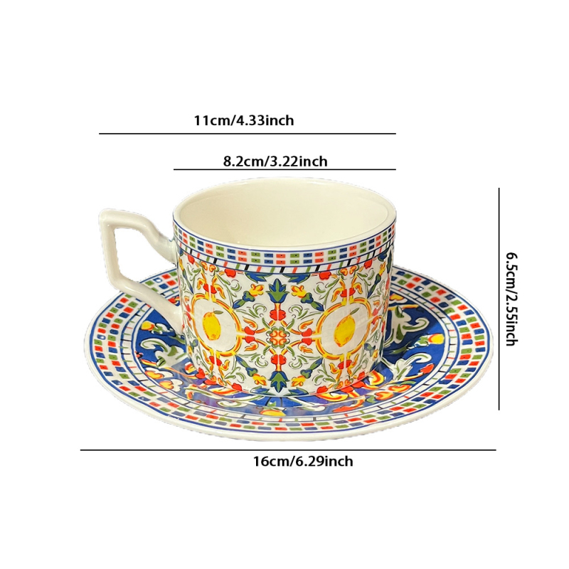 Set ceramic de cafea cu ceașcă și farfurie, motiv floral de lămâie, design elegant, calitate superioară