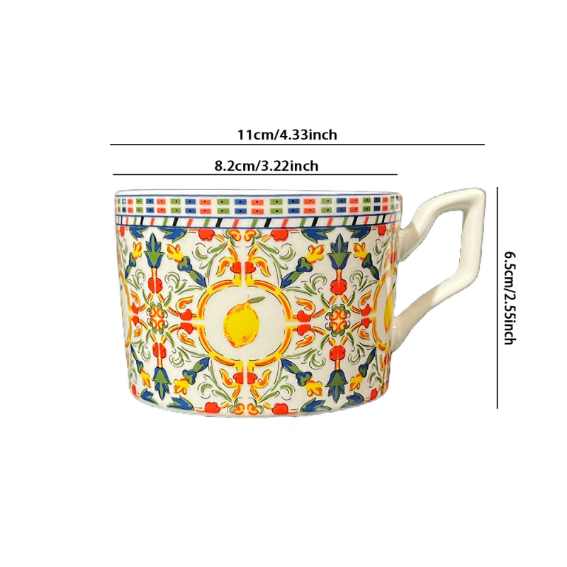 Set ceramic de cafea cu ceașcă și farfurie, motiv floral de lămâie, design elegant, calitate superioară