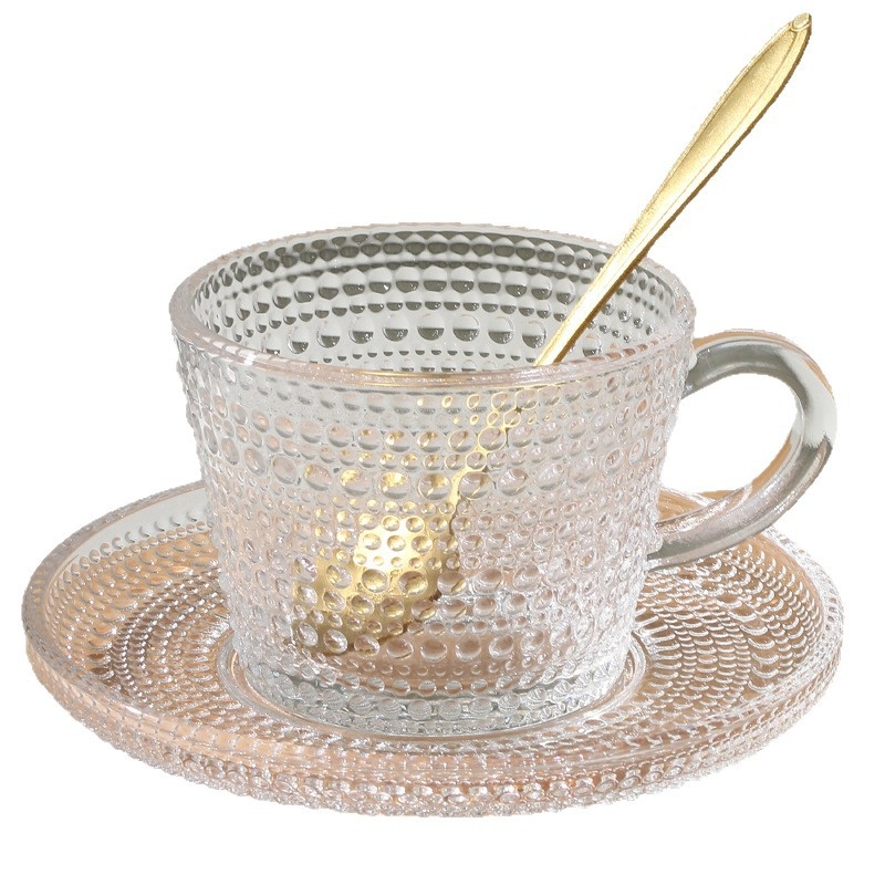 Set de ceașcă de cafea din sticlă cu farfuriu și linguriță, farfurie pentru desert cu margine aurie, pentru uz casnic