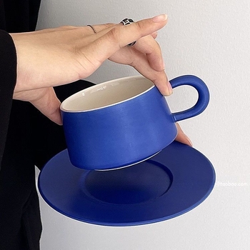 Set de cești pentru cafea și farfurioară Klein Blue, handmade în stil japonez pentru uz casnic