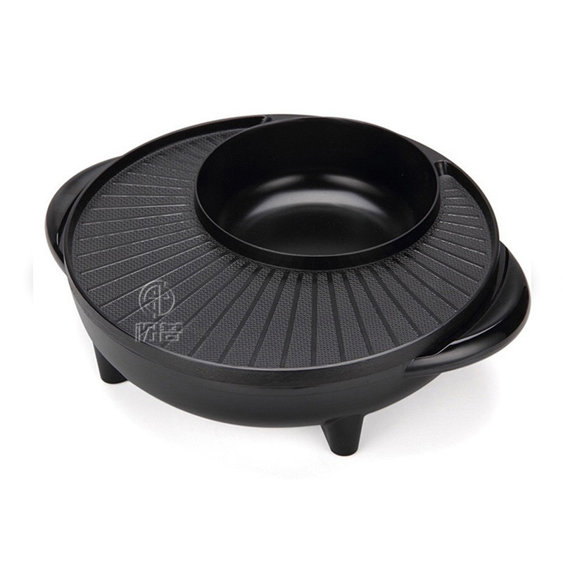 Vas rotund all-in-one pentru shabu-shabu și grătar, tavă multifuncțională pentru grill și shabu-shabu, stil coreean, pentru uz casnic, oală electrică