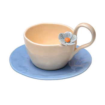 Set cești de cafea cu farfurioară, flori tridimensionale, ceramică lucrată manual, design elegant