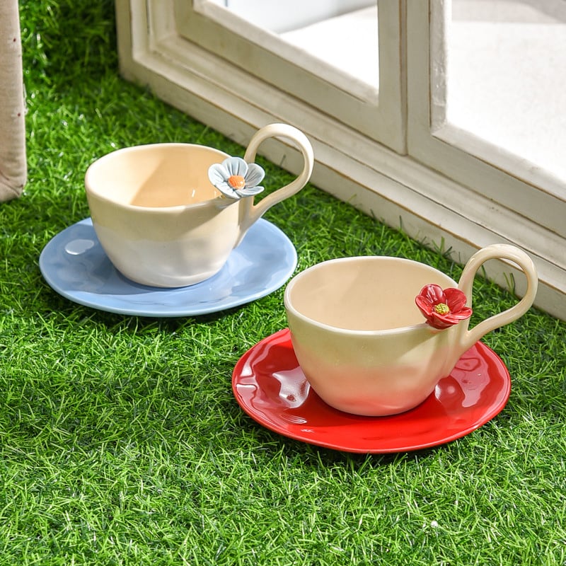 Set cești de cafea cu farfurioară, flori tridimensionale, ceramică lucrată manual, design elegant