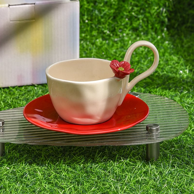 Set cești de cafea cu farfurioară, flori tridimensionale, ceramică lucrată manual, design elegant