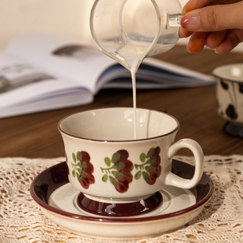 Cană de cafea ceramică pictată manual, stil retro, cu model floral, elegantă