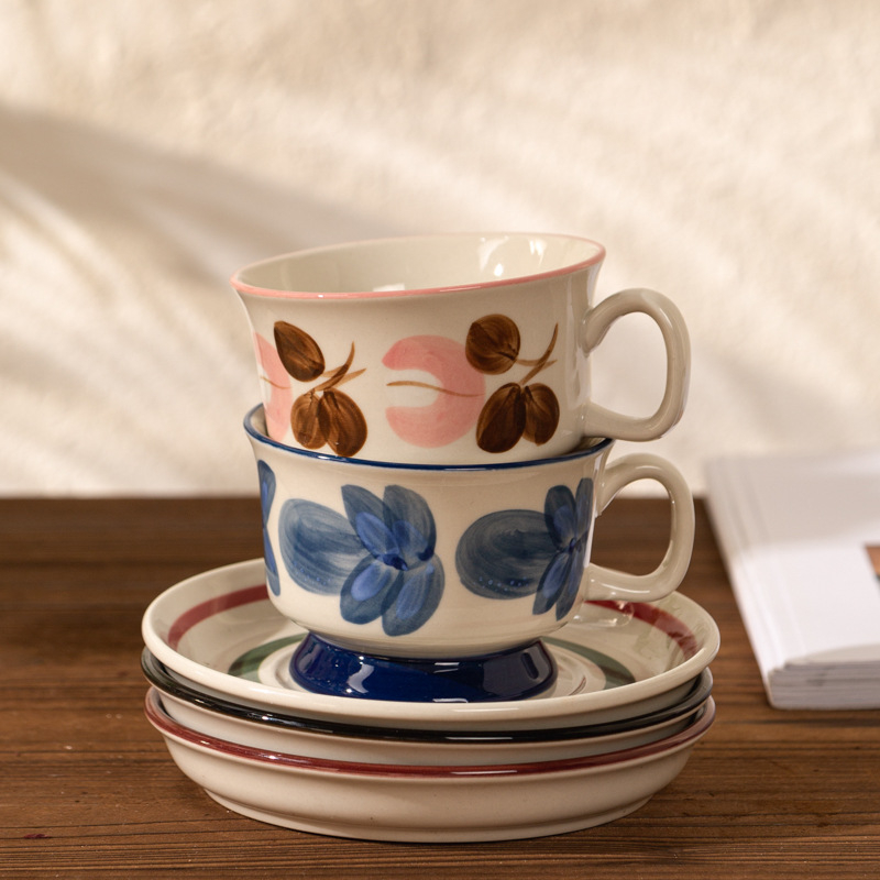 Cană de cafea ceramică pictată manual, stil retro, cu model floral, elegantă