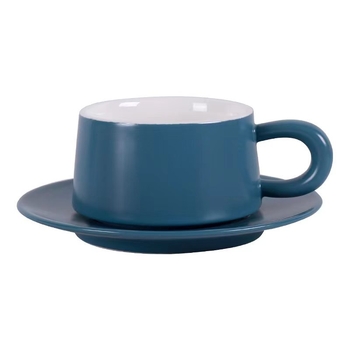 Ceașcă ceramică pentru cafea cu farfuriu și linguriță, albastru ceață, finisaj mat simplu, design creativ pentru uz casnic, ceai de după-amiază
