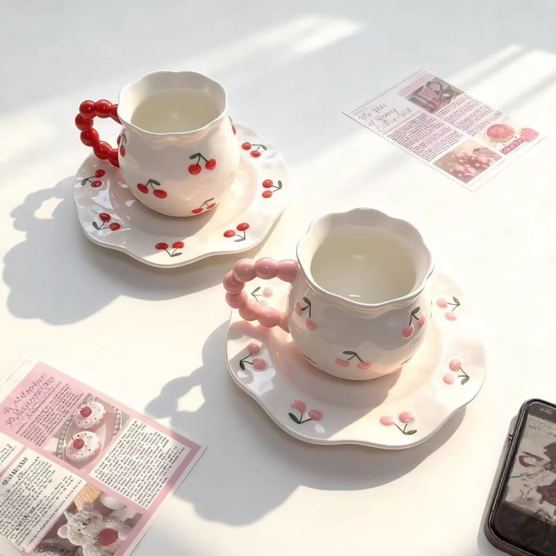 Ceașcă de porțelan cu relief în motiv de cireș, pentru uz casnic — cafea, ceai, lapte și apă, design elegant
