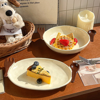 Set de farfurii de desert și boluri de orez din ceramică maro, cu o farfurie adâncă, stil drăguț pentru mese ușoare, inclusiv o farfurie pentru salată și un bol de iaurt