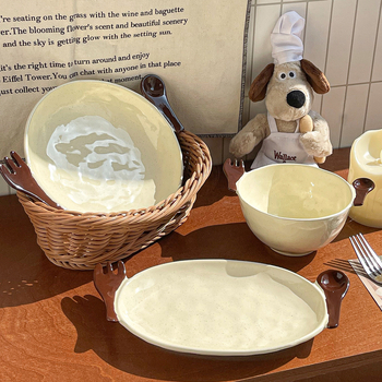 Set de farfurii de desert și boluri de orez din ceramică maro, cu o farfurie adâncă, stil drăguț pentru mese ușoare, inclusiv o farfurie pentru salată și un bol de iaurt