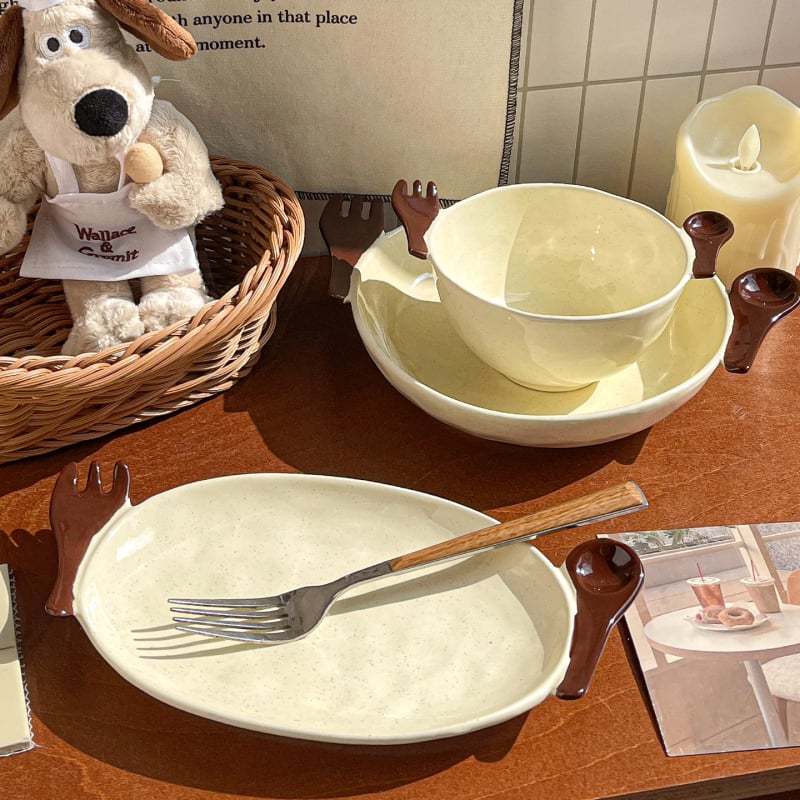 Set de farfurii de desert și boluri de orez din ceramică maro, cu o farfurie adâncă, stil drăguț pentru mese ușoare, inclusiv o farfurie pentru salată și un bol de iaurt