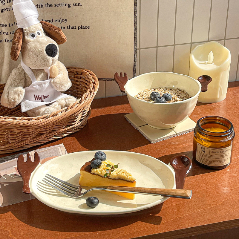 Set de farfurii de desert și boluri de orez din ceramică maro, cu o farfurie adâncă, stil drăguț pentru mese ușoare, inclusiv o farfurie pentru salată și un bol de iaurt